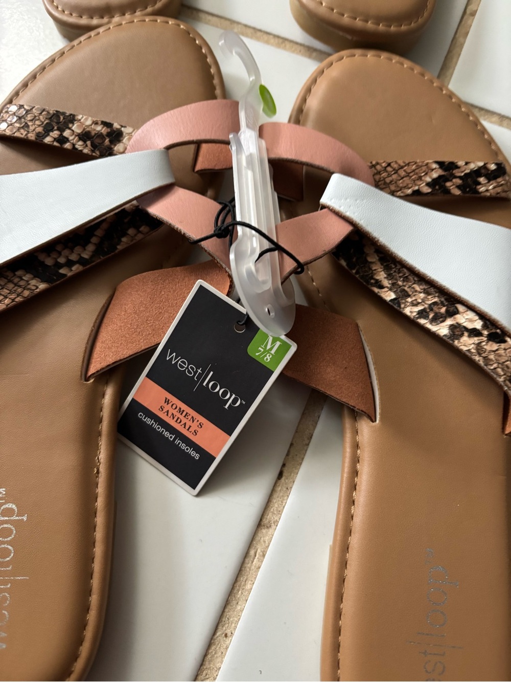 west loop Tan, Pink & White Strappy Sandals with Snakeskin Accent